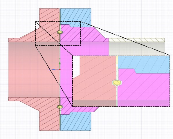 Seção do modelo 3D de um par de flanges, com detalhe do anel de vedação